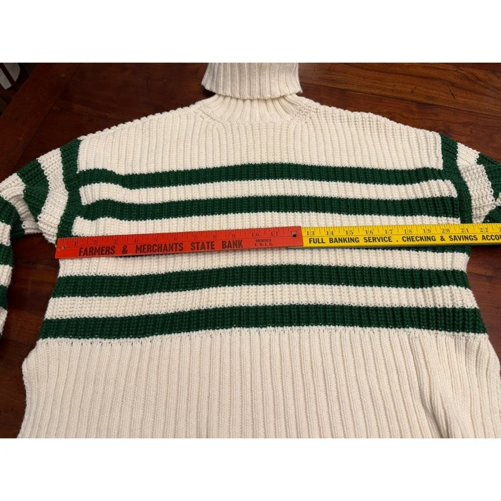 Madewell Wide Rib Turtleneck Sweater‎ Varsity Green Striped Cream Crop XS NO064